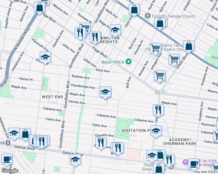 map of restaurants, bars, coffee shops, grocery stores, and more near 5561 Chamberlain Avenue in St. Louis