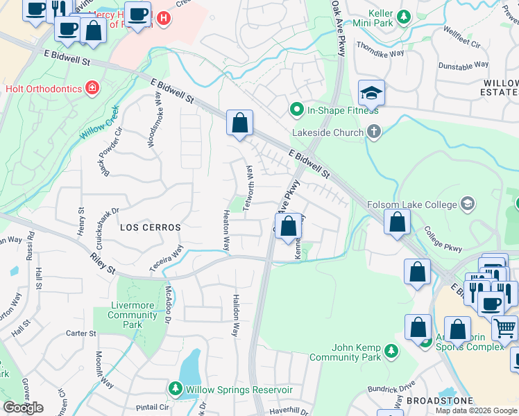 map of restaurants, bars, coffee shops, grocery stores, and more near 114 Flindell Way in Folsom