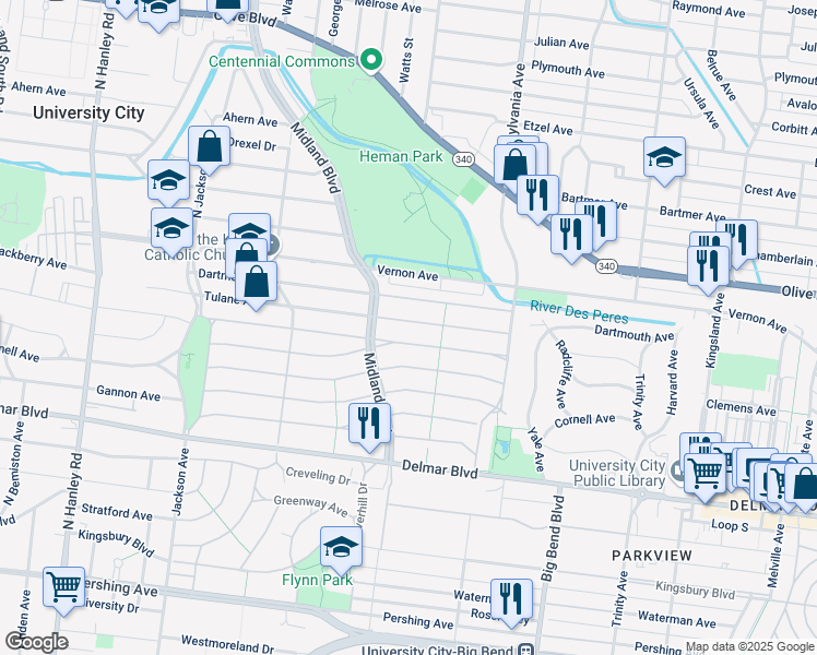 map of restaurants, bars, coffee shops, grocery stores, and more near 7118 Amherst Avenue in University City