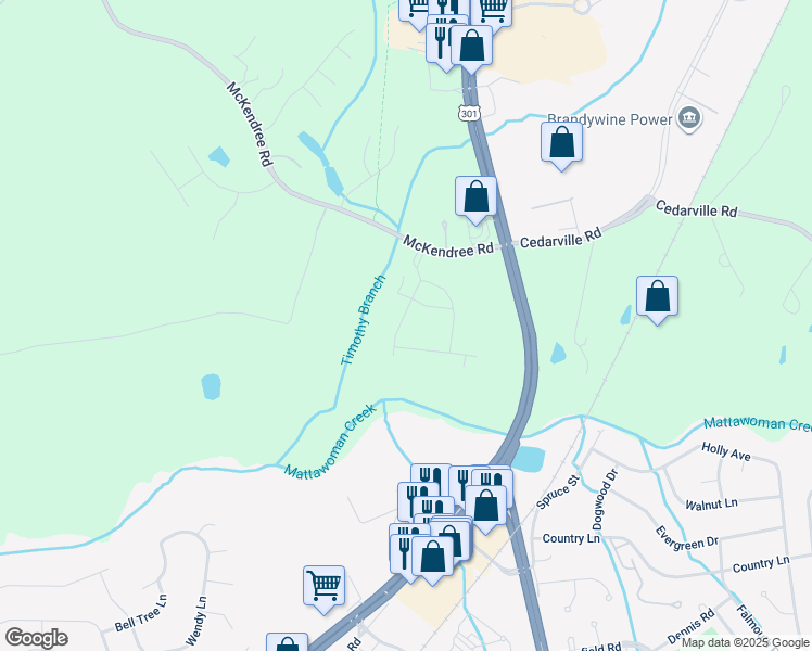 map of restaurants, bars, coffee shops, grocery stores, and more near 16626 Green Glade Drive in Brandywine