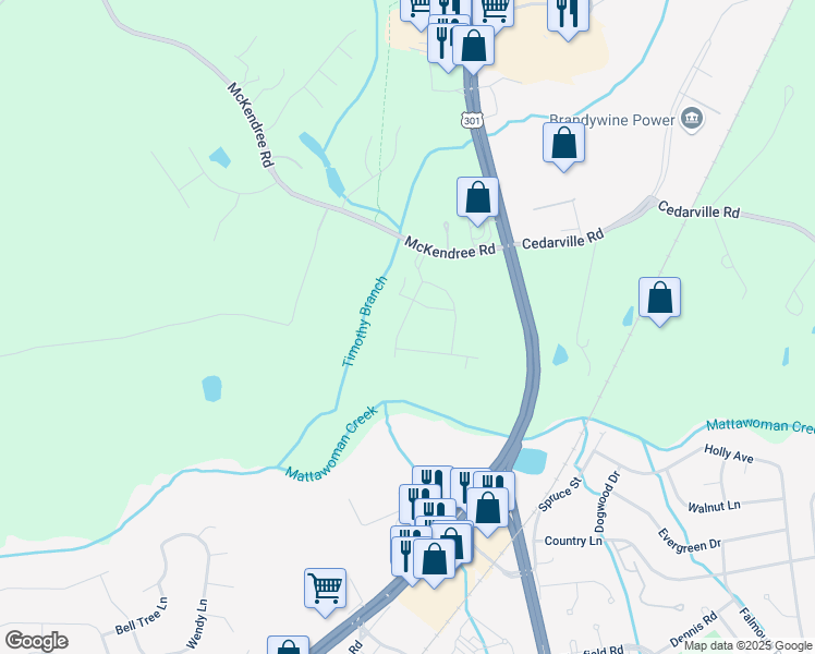 map of restaurants, bars, coffee shops, grocery stores, and more near 16626 Green Glade Drive in Brandywine