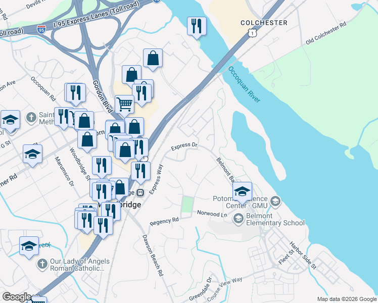 map of restaurants, bars, coffee shops, grocery stores, and more near 925 Herons Run Lane in Woodbridge