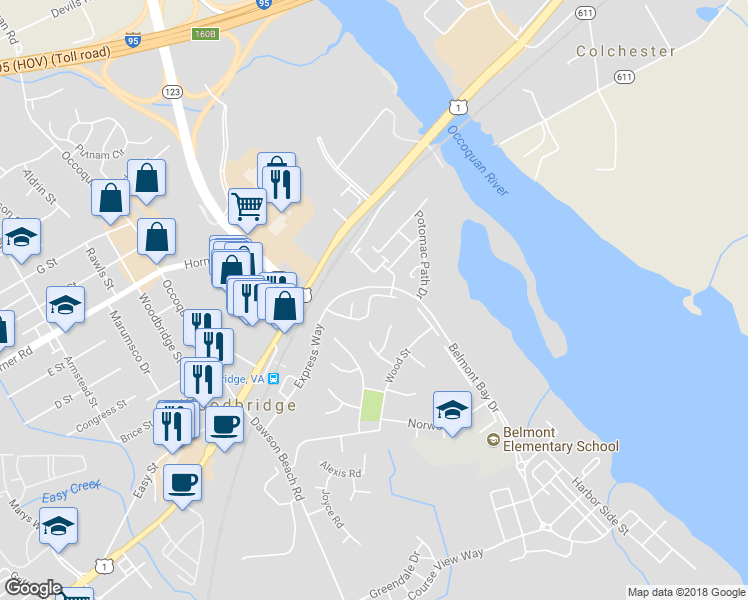 map of restaurants, bars, coffee shops, grocery stores, and more near 925 Herons Run Lane in Woodbridge
