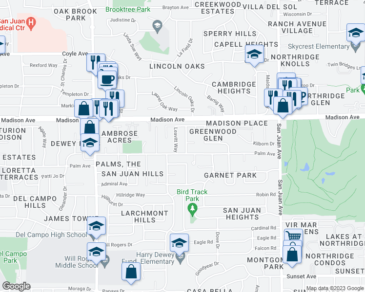 map of restaurants, bars, coffee shops, grocery stores, and more near 5309 Bellflower Way in Fair Oaks