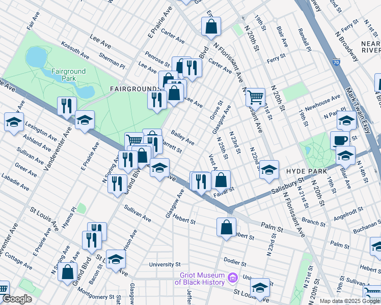 map of restaurants, bars, coffee shops, grocery stores, and more near 2918 Barrett Street in St. Louis