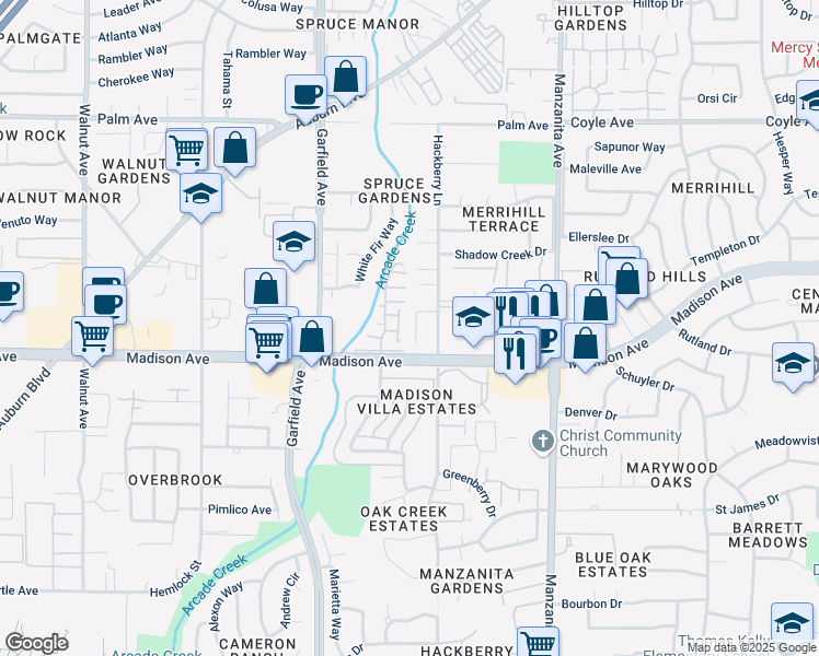 map of restaurants, bars, coffee shops, grocery stores, and more near 5205 Shereen Court in Sacramento
