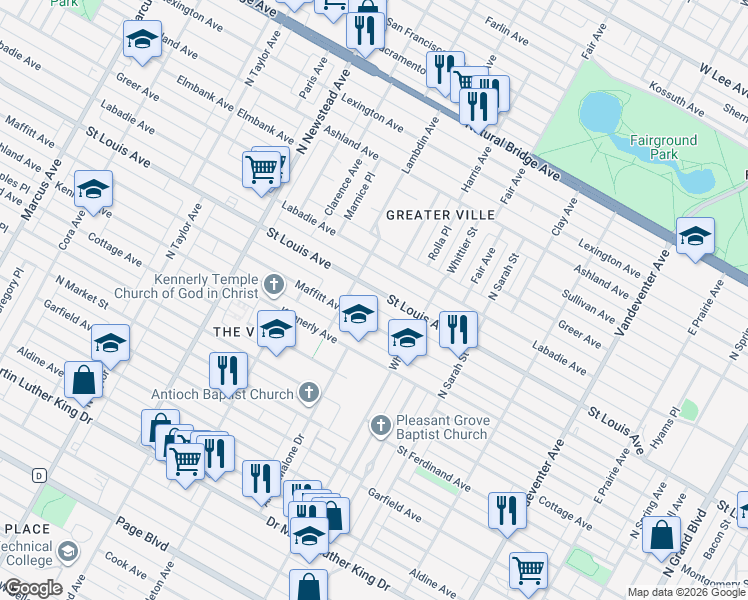 map of restaurants, bars, coffee shops, grocery stores, and more near 4247 East Maffitt Avenue in St. Louis