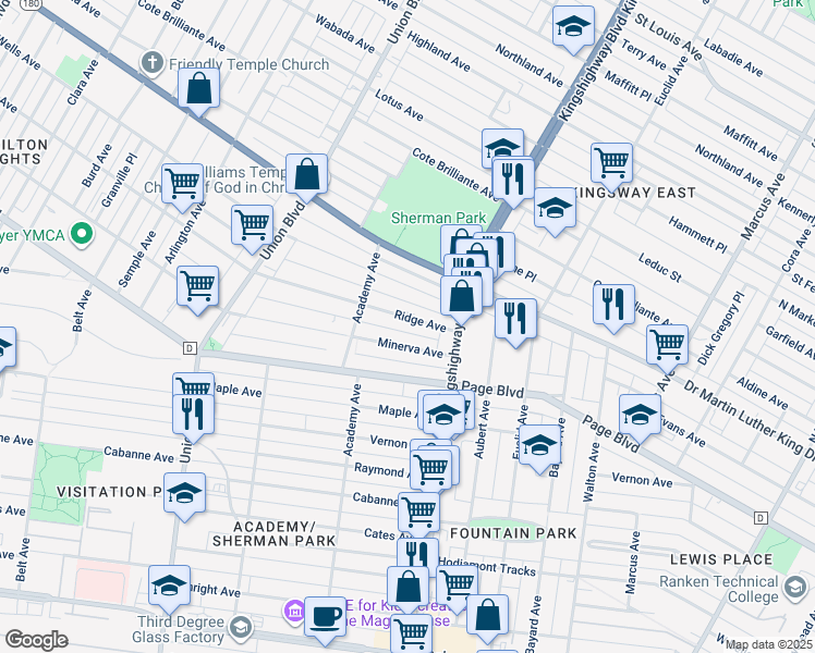 map of restaurants, bars, coffee shops, grocery stores, and more near 5054 Minerva Avenue in St. Louis