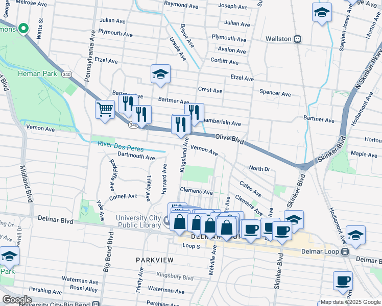 map of restaurants, bars, coffee shops, grocery stores, and more near 844 Kingsland Ave in St Louis