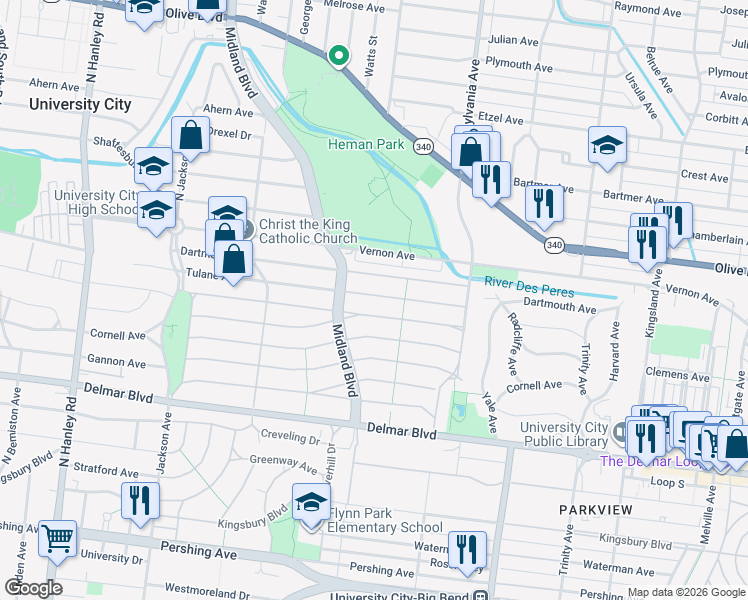 map of restaurants, bars, coffee shops, grocery stores, and more near 7118 Amherst Avenue in University City