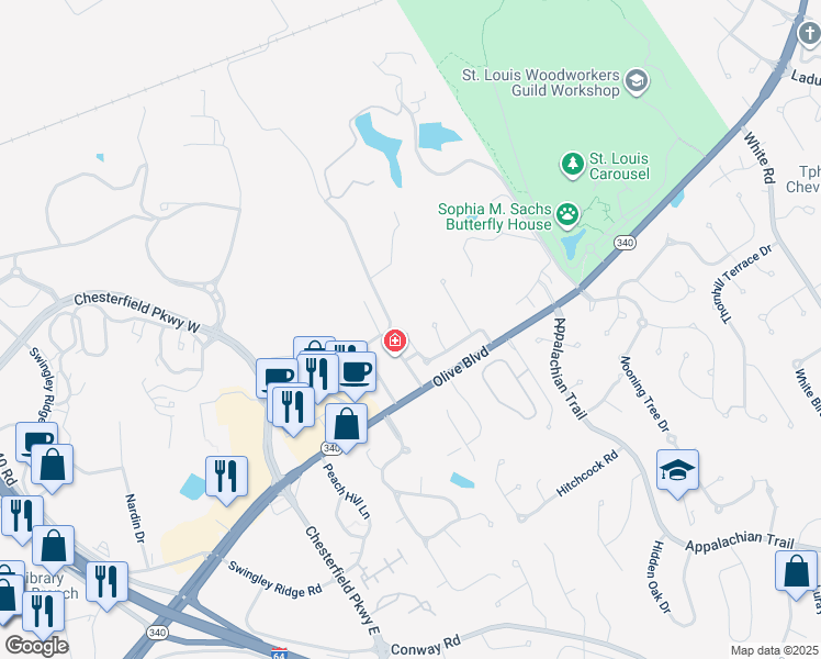 map of restaurants, bars, coffee shops, grocery stores, and more near 15400 Braefield Drive in Chesterfield