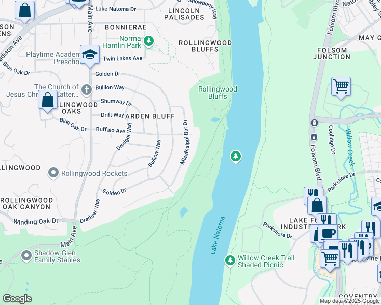 map of restaurants, bars, coffee shops, grocery stores, and more near 5236 Mississippi Bar Drive in Orangevale