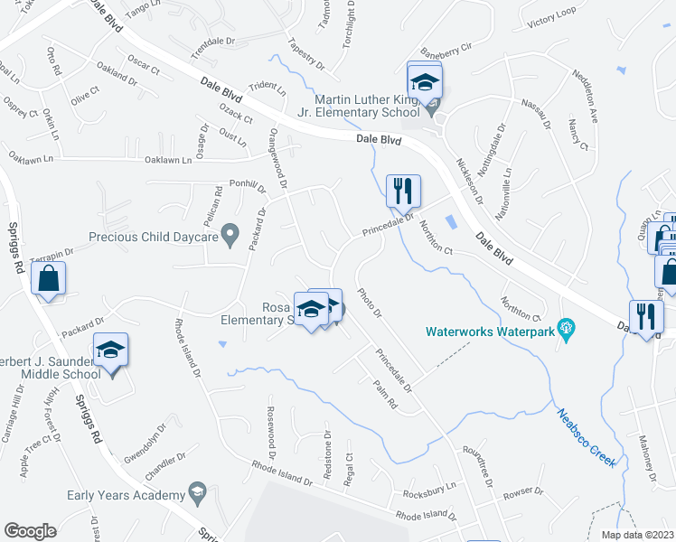 map of restaurants, bars, coffee shops, grocery stores, and more near 13419 Princedale Drive in Woodbridge