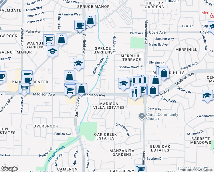 map of restaurants, bars, coffee shops, grocery stores, and more near 5205 Shereen Court in Sacramento