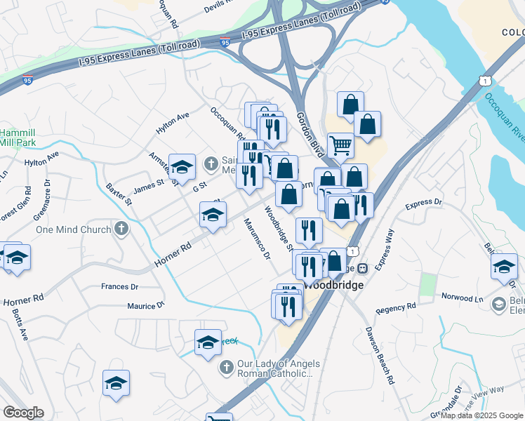 map of restaurants, bars, coffee shops, grocery stores, and more near 13402 Woodbridge Street in Woodbridge