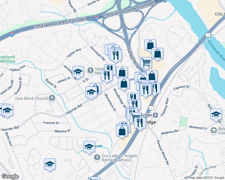 map of restaurants, bars, coffee shops, grocery stores, and more near 13402 Woodbridge Street in Woodbridge