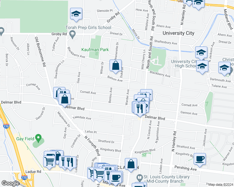 map of restaurants, bars, coffee shops, grocery stores, and more near 7823 Gannon Avenue in University City