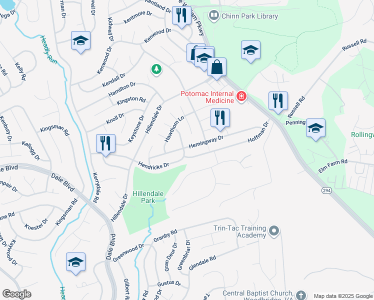 map of restaurants, bars, coffee shops, grocery stores, and more near 4313 Hemingway Drive in Woodbridge