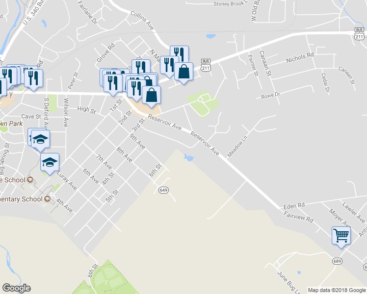 map of restaurants, bars, coffee shops, grocery stores, and more near 42 Oakcrest Drive in Luray