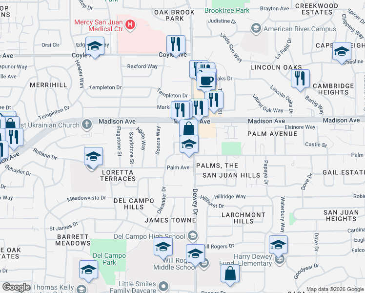 map of restaurants, bars, coffee shops, grocery stores, and more near 6621 Pepperwood Way in Carmichael
