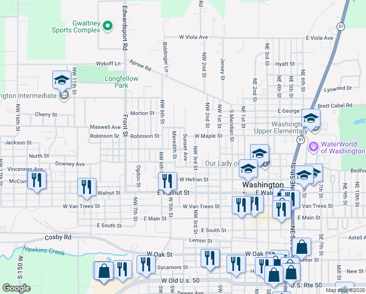map of restaurants, bars, coffee shops, grocery stores, and more near 507 Sunset Avenue in Washington