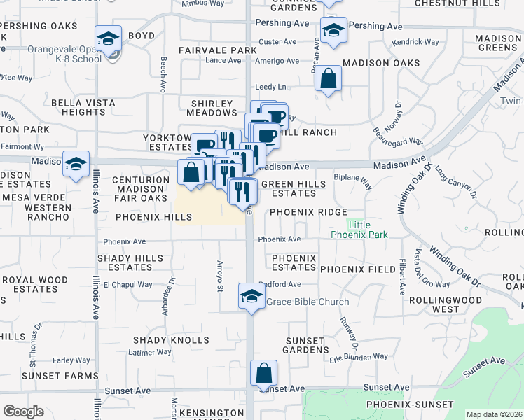 map of restaurants, bars, coffee shops, grocery stores, and more near 8902 Vincent Avenue in Fair Oaks