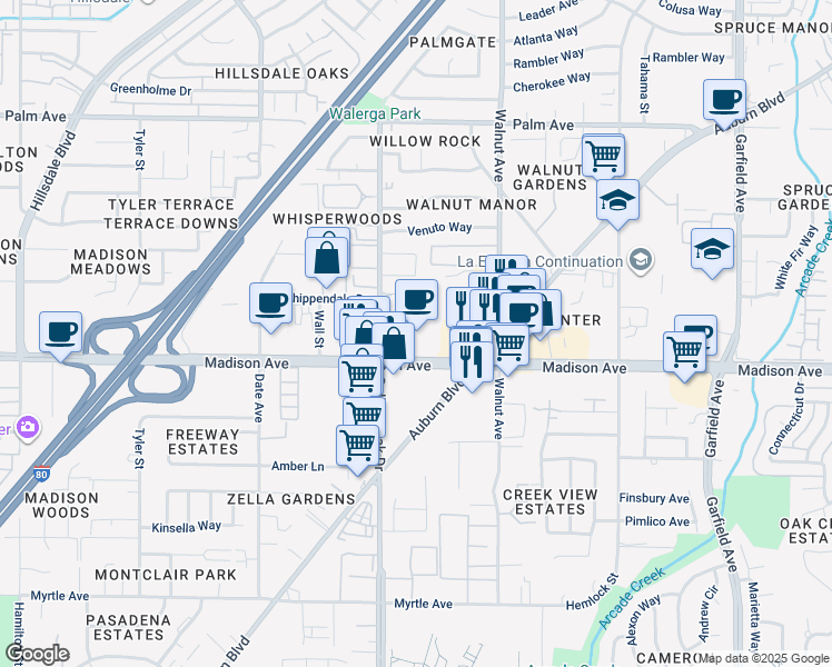 map of restaurants, bars, coffee shops, grocery stores, and more near 5001 Madison Avenue in Sacramento