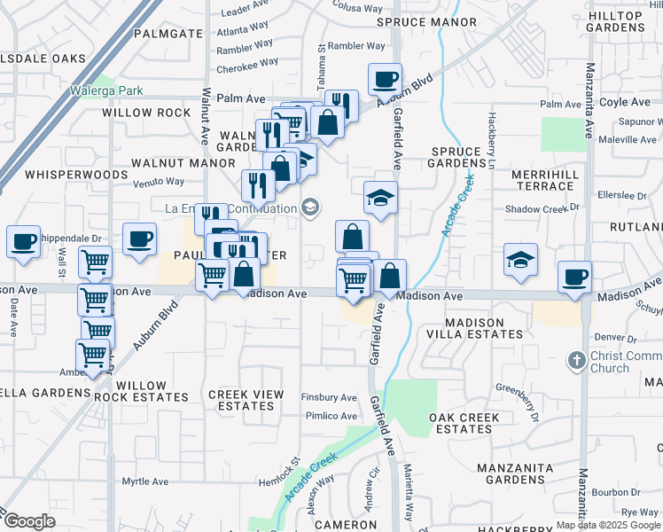map of restaurants, bars, coffee shops, grocery stores, and more near 5300 Laurel Hills Drive in Sacramento