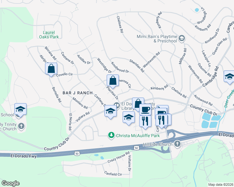 map of restaurants, bars, coffee shops, grocery stores, and more near 3498 Somera Court in Cameron Park