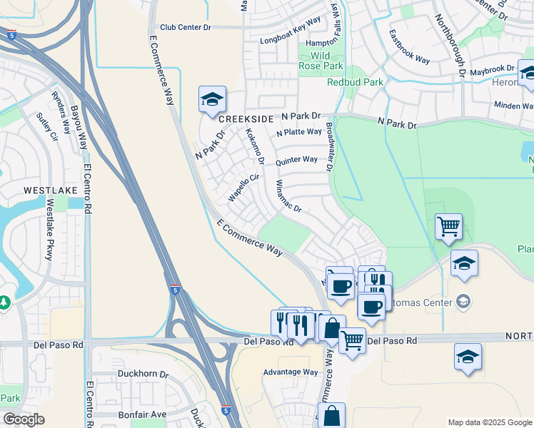 map of restaurants, bars, coffee shops, grocery stores, and more near 4909 Winamac Drive in Sacramento