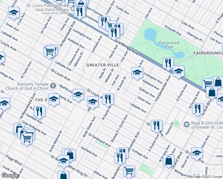 map of restaurants, bars, coffee shops, grocery stores, and more near 3036 Fair Avenue in St. Louis