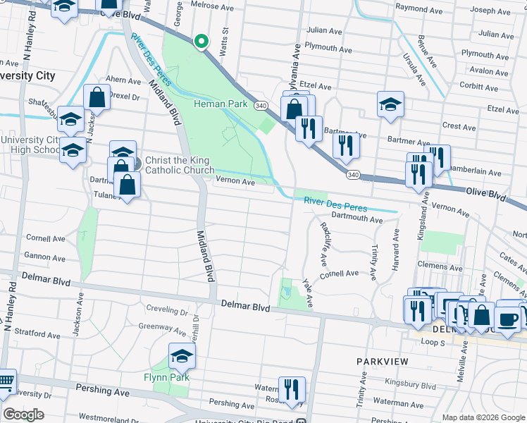 map of restaurants, bars, coffee shops, grocery stores, and more near 7049 Dartmouth Avenue in University City