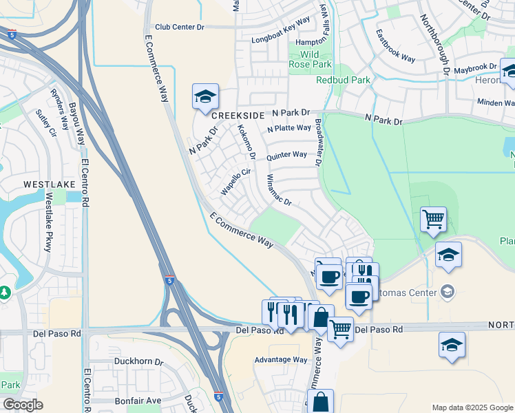 map of restaurants, bars, coffee shops, grocery stores, and more near 4909 Winamac Drive in Sacramento