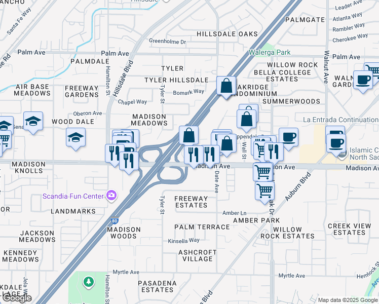 map of restaurants, bars, coffee shops, grocery stores, and more near 4525 Madison Avenue in Sacramento