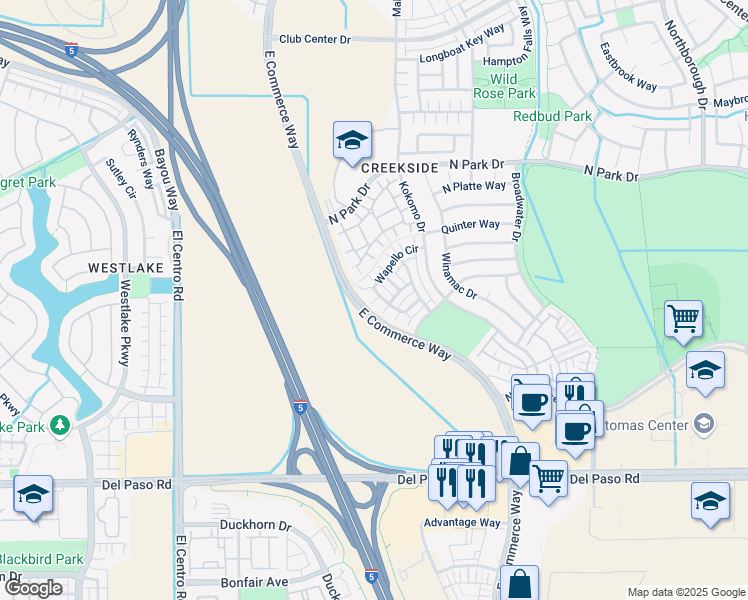 map of restaurants, bars, coffee shops, grocery stores, and more near 470 Wapello Circle in Sacramento