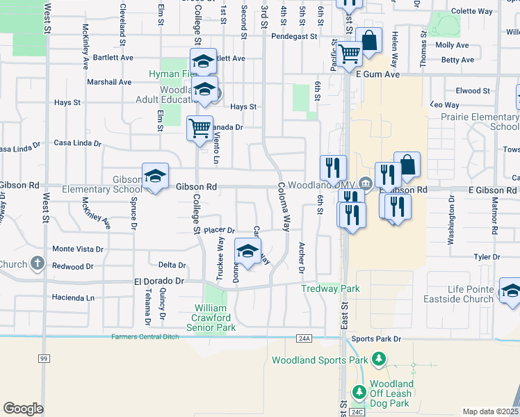 map of restaurants, bars, coffee shops, grocery stores, and more near 1509 Camino Way in Woodland