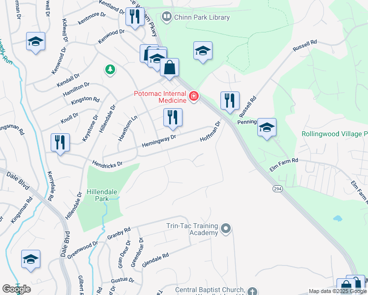 map of restaurants, bars, coffee shops, grocery stores, and more near 4201 Hoffman Drive in Woodbridge