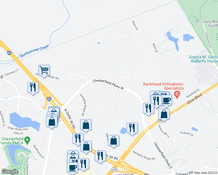 map of restaurants, bars, coffee shops, grocery stores, and more near 707 Timber Valley Court in Chesterfield