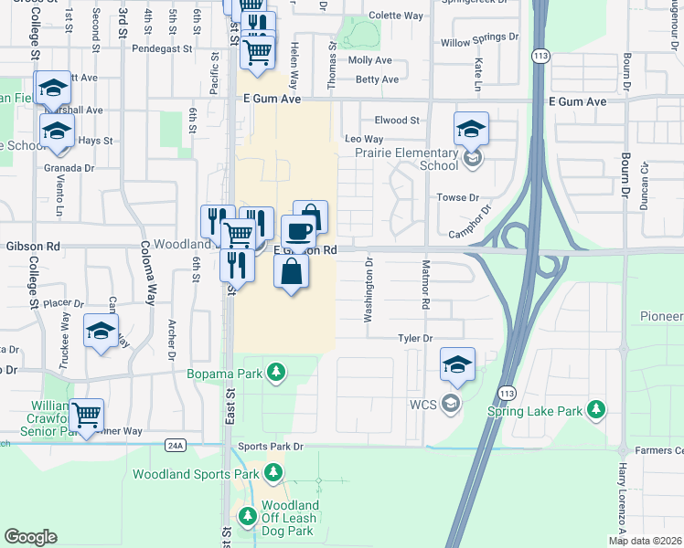 map of restaurants, bars, coffee shops, grocery stores, and more near 1311 Madison Place in Woodland