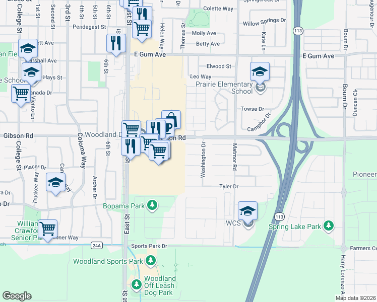 map of restaurants, bars, coffee shops, grocery stores, and more near 1311 Madison Place in Woodland