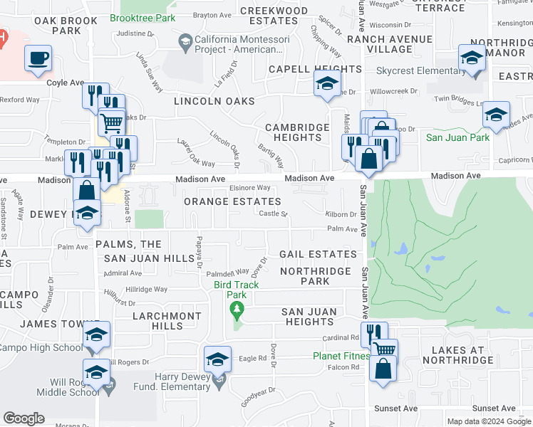 map of restaurants, bars, coffee shops, grocery stores, and more near 5338 Elsinore Way in Fair Oaks