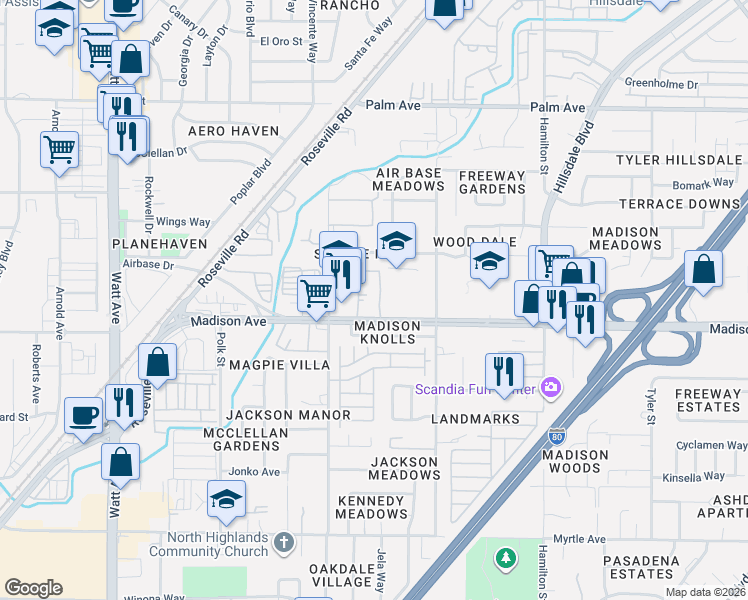 map of restaurants, bars, coffee shops, grocery stores, and more near 5241 Harrison Street in North Highlands