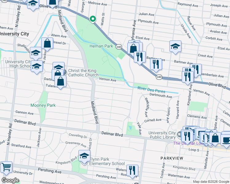 map of restaurants, bars, coffee shops, grocery stores, and more near 7049 Dartmouth Avenue in University City