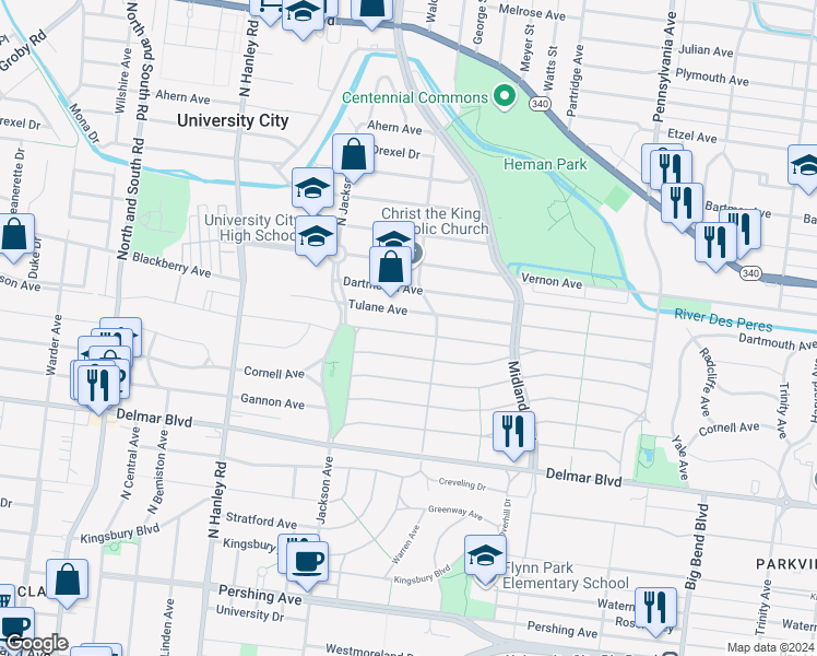 map of restaurants, bars, coffee shops, grocery stores, and more near 7323 Tulane Avenue in University City