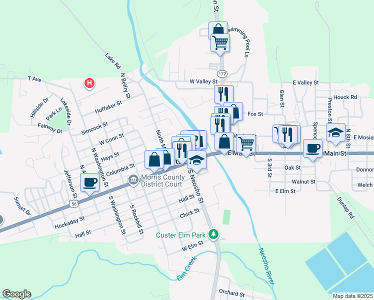map of restaurants, bars, coffee shops, grocery stores, and more near 28 North Neosho Street in Council Grove