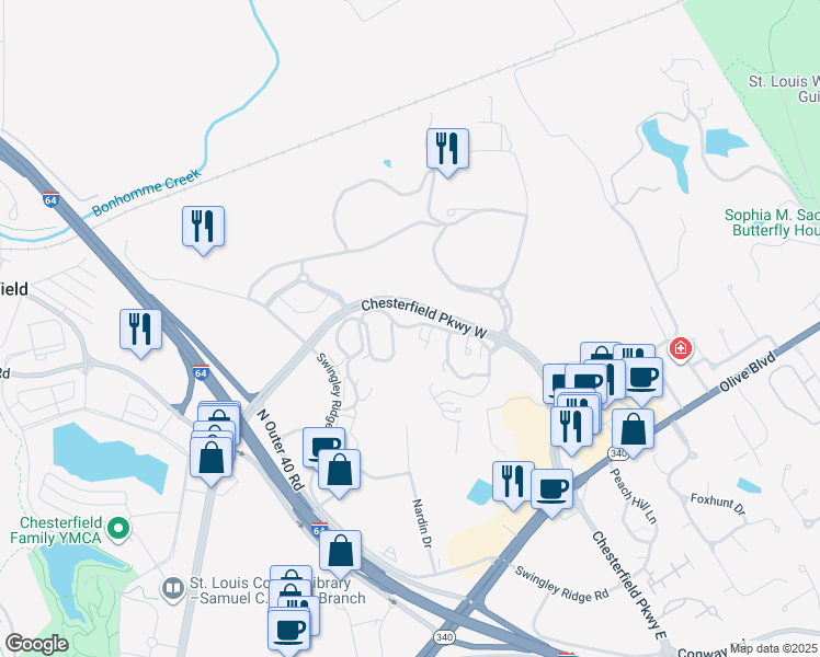 map of restaurants, bars, coffee shops, grocery stores, and more near Timbervalley Road in Chesterfield