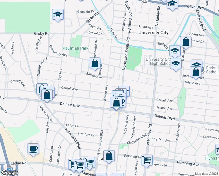 map of restaurants, bars, coffee shops, grocery stores, and more near 7745 Stanford Avenue in University City