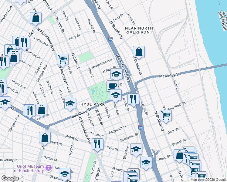 map of restaurants, bars, coffee shops, grocery stores, and more near 1407 Farrar Street in St. Louis