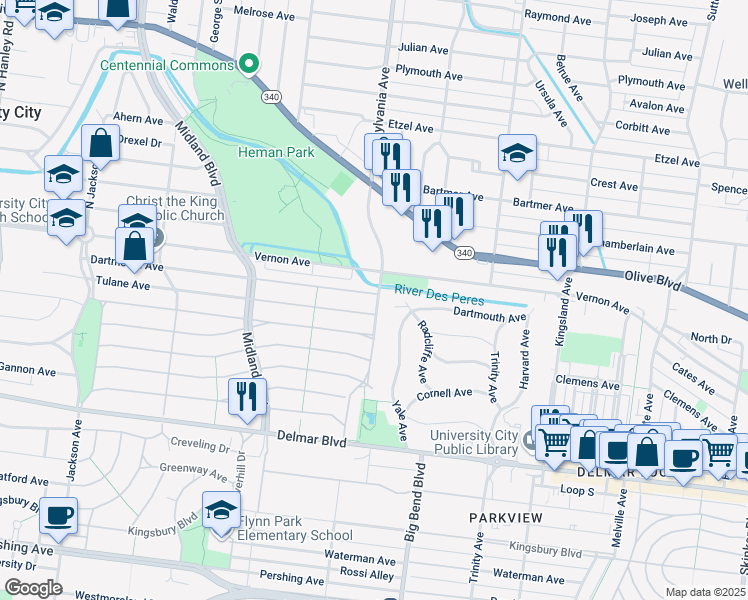 map of restaurants, bars, coffee shops, grocery stores, and more near 7000 Dartmouth Avenue in University City