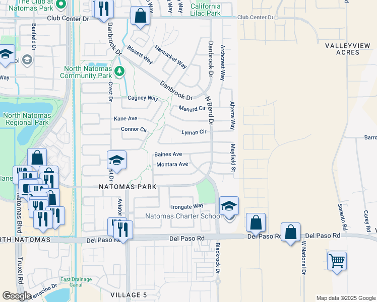 map of restaurants, bars, coffee shops, grocery stores, and more near 1701 Baines Avenue in Sacramento